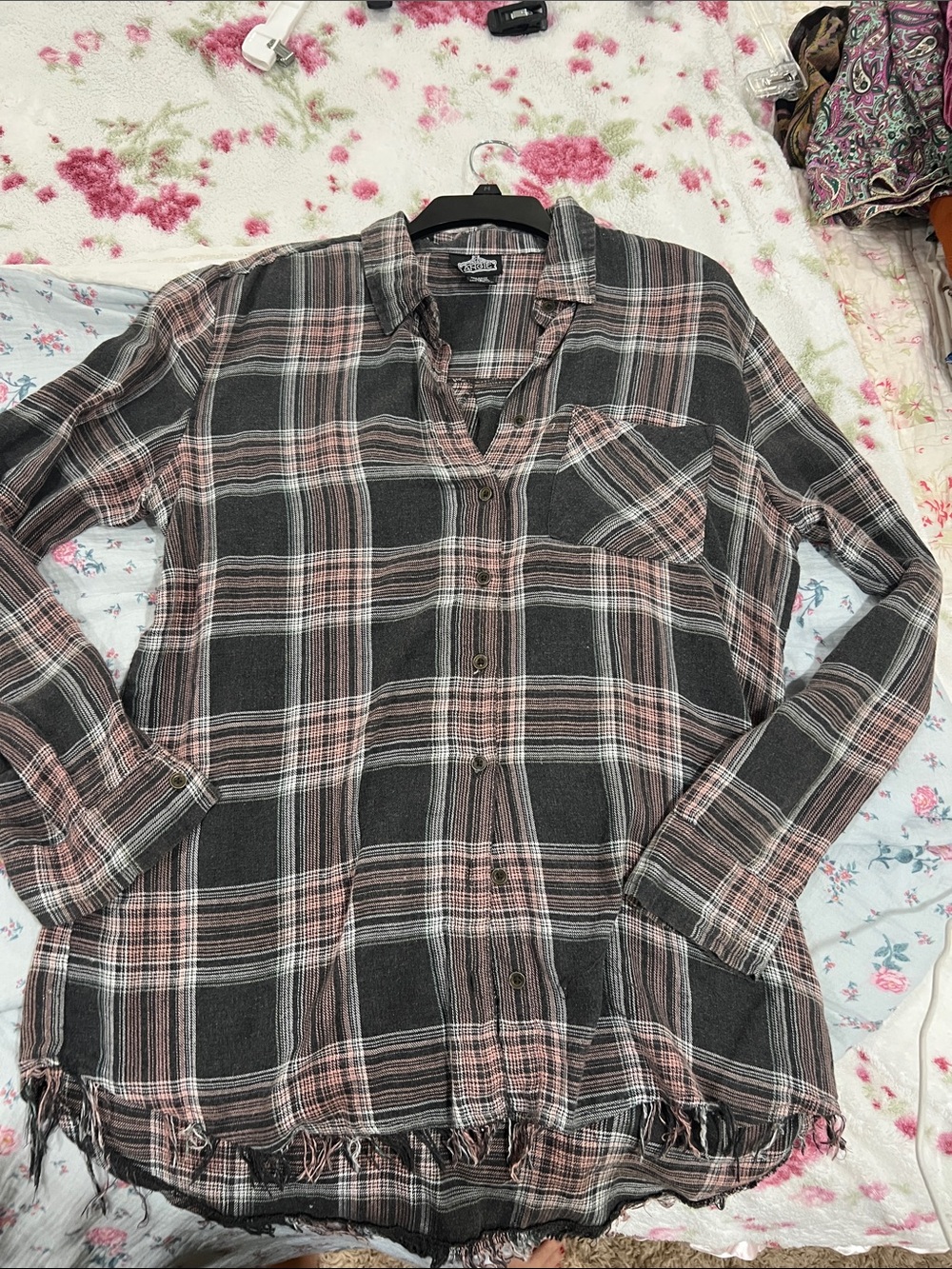 Angie Plaid Button-Down Shirt in Black and Dusty Pink